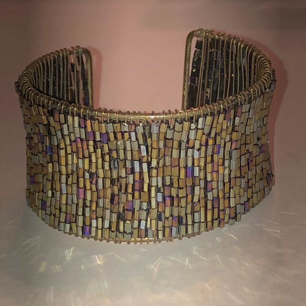Aged Metal Multicolor Beaded Wide Boho Cuff Bracelet